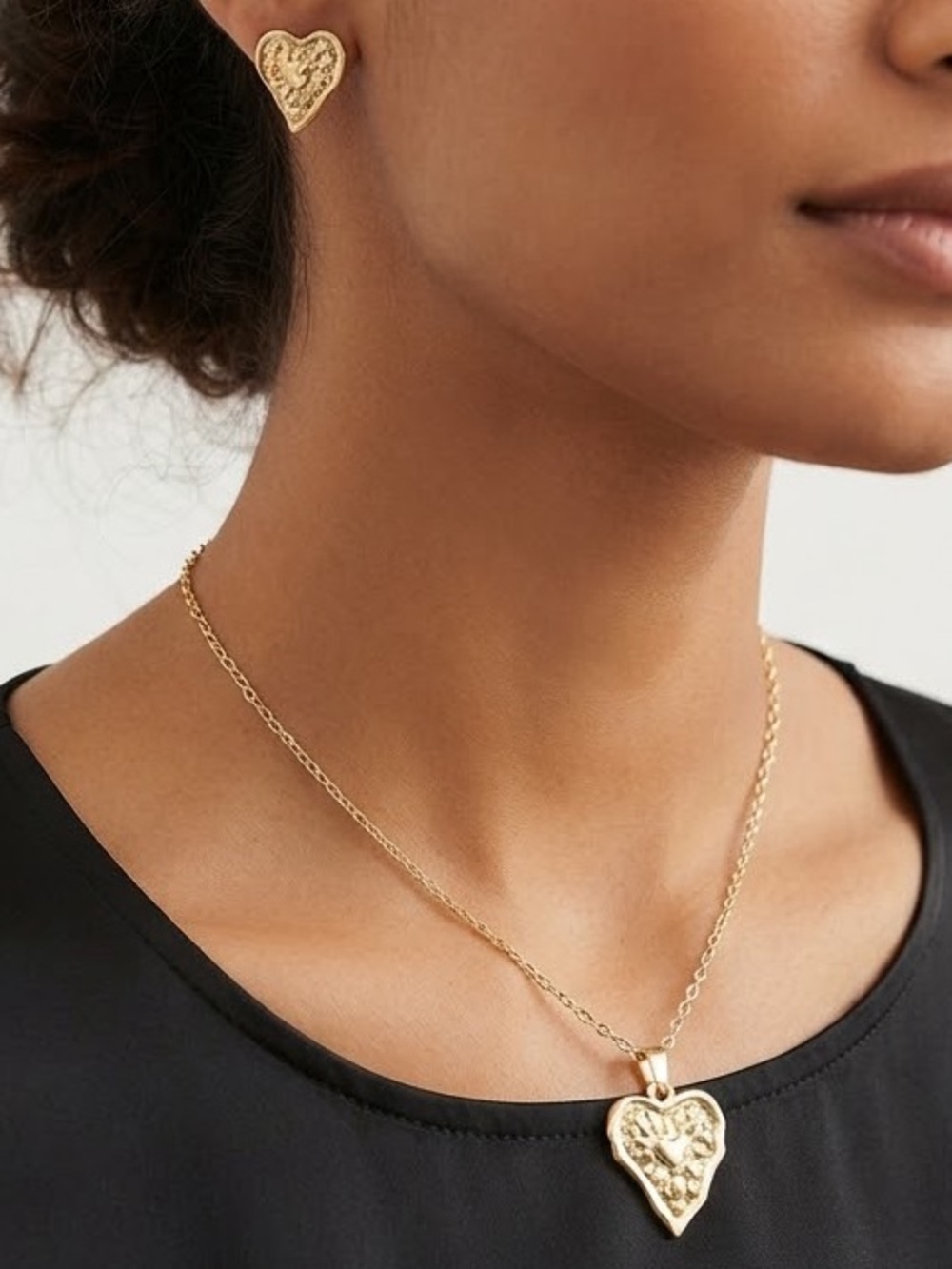 Gold Heart Pendant Necklace and Stud Earrings Set